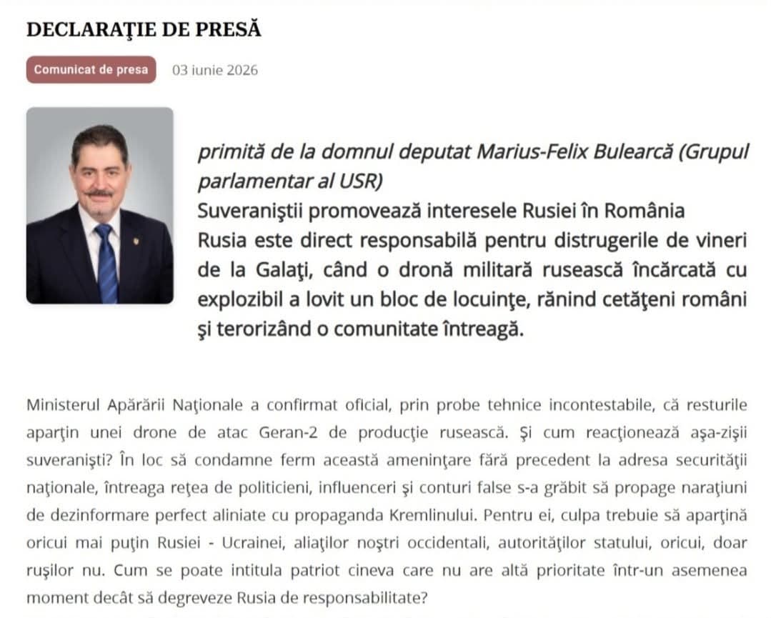Ministerul Apărării Naţionale a confirmat oficial, prin probe tehnice incontestabile, că resturile aparţin unei drone de atac Geran-2 de producţie rusească. Şi cum reacţionează aşa-zişii suveranişti? În loc să condamne ferm această ameninţare fără precedent la adresa securităţii naţionale, întreaga reţea de politicieni, influenceri şi conturi false s-a grăbit să propage naraţiuni de dezinformare perfect aliniate cu propaganda Kremlinului.